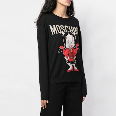 (W) MOSCHINO x Little Pig Baju Wool Kartun Hitam (Potongan Longgar). A0991-1000-1555 Purchase (W) MOSCHINO x Little Pig Baju Wool Kartun Hitam (Potongan Longgar). A0991-1000-1555