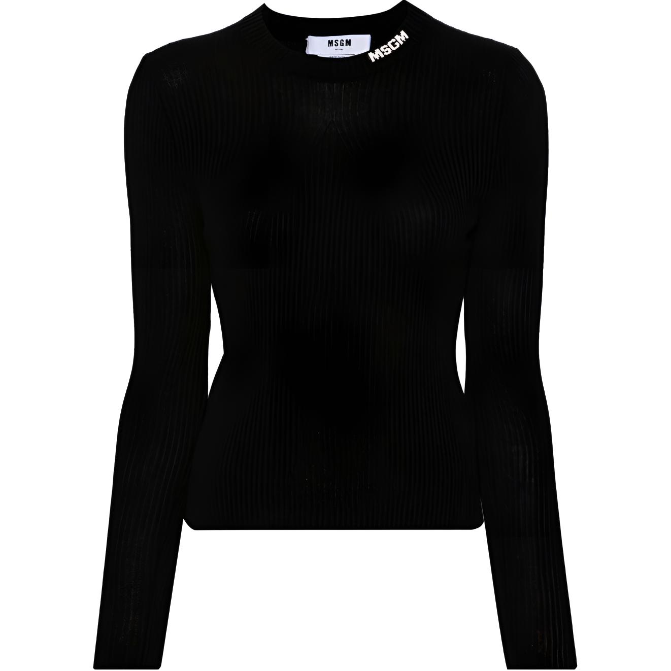 (Women) MSGM  Black Crewneck Long Sleeve Knit Sweater with Logo Design. 3741MDM199247783-BLACK