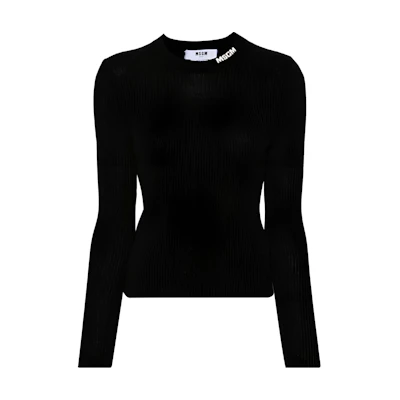 (Women) MSGM Black Crewneck Long Sleeve Knit Sweater with Logo Design. 3741MDM199247783-BLACK