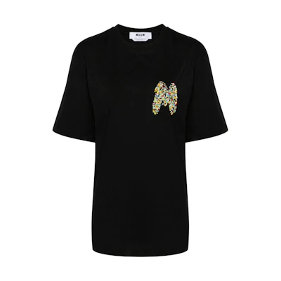 (Women) MSGM Black Short-Sleeve T-Shirt with Beaded Logo. 3642MDM103247002-BLACK