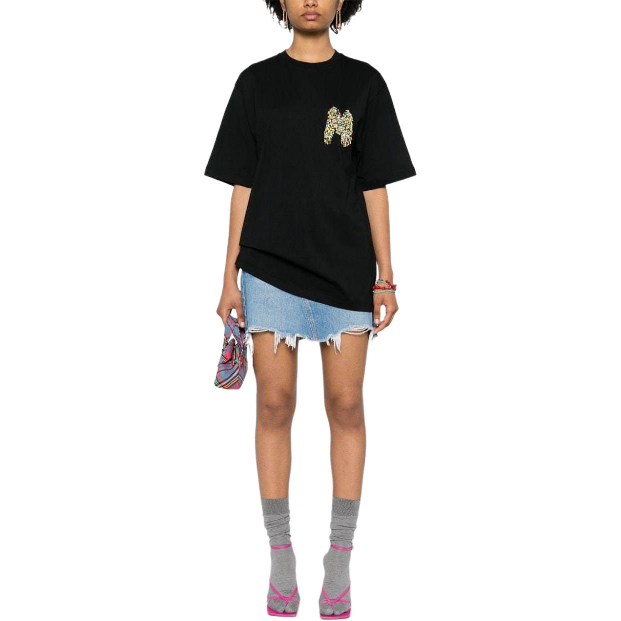 Lookbook (W) MSGM Baju-T Hitam Lengan Pendek dengan Logo Manik. 3642MDM103247002-BLACK