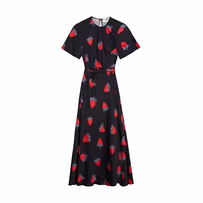 (Women) MSGM Black Strawberry Print Side-Slit Short Sleeve Dress. 3741MDA43247667-BLACK