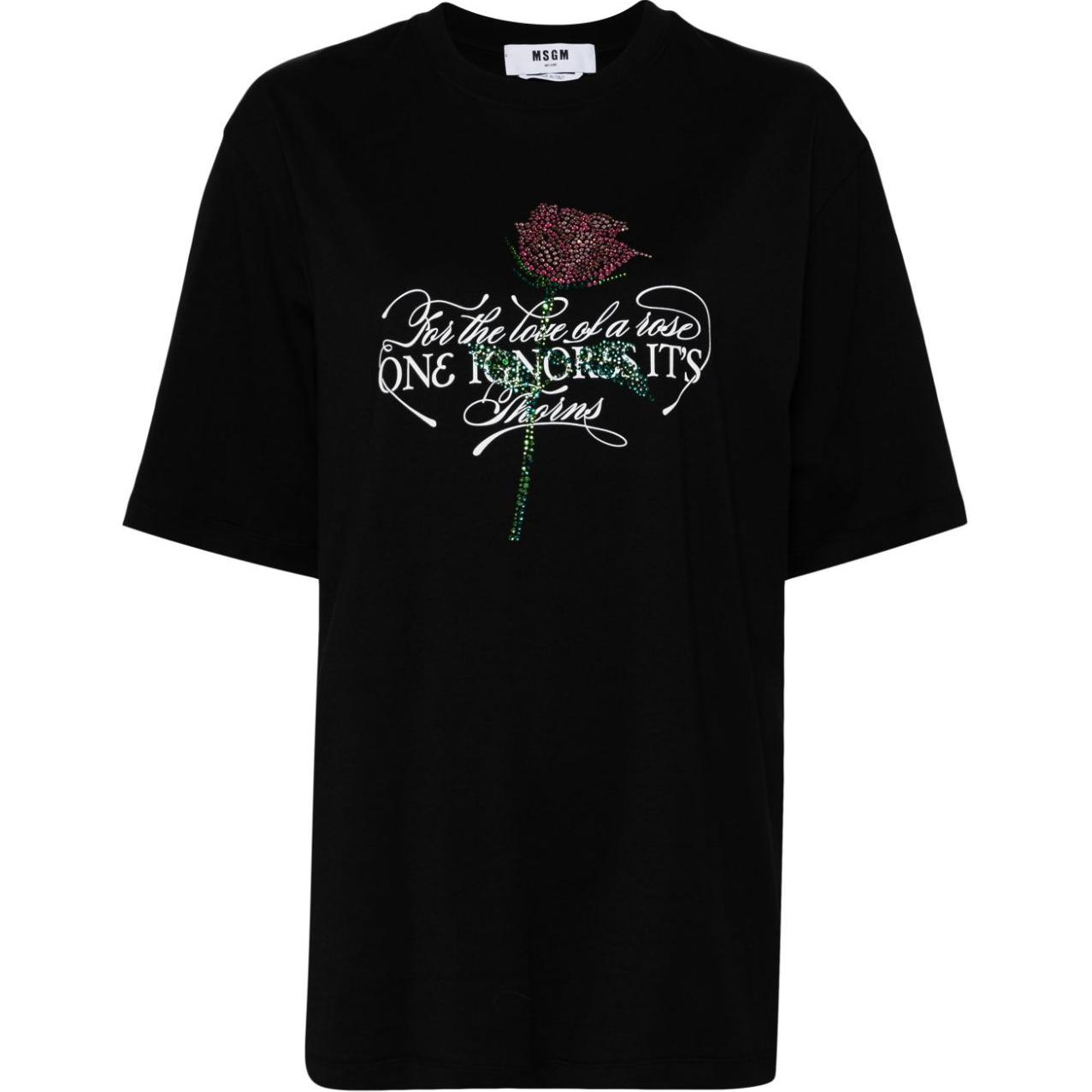 Order (W) Camiseta Negra MSGM con Detalles Tachonados y Cuello Redondo de Manga Corta. 3741MDM111247798-BLACK