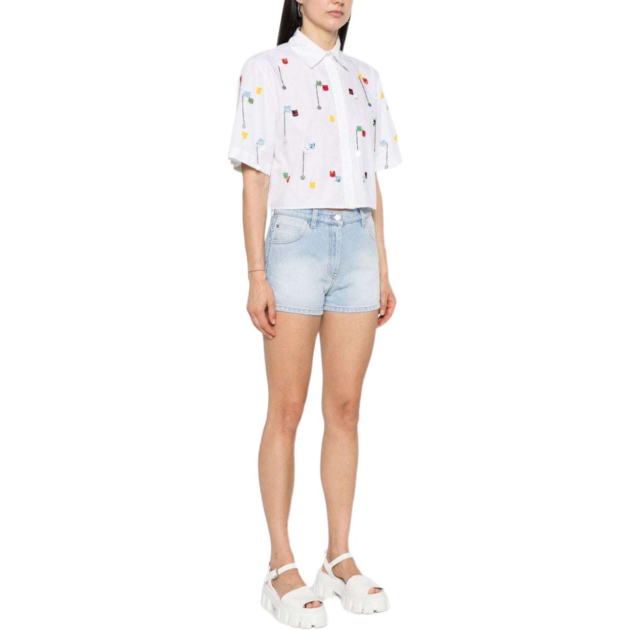 Purchase (W) MSGM Pantalones Cortos de Mezclilla Lavada Logo Bordado Azul Claro. 3642MDB231L247480-BLUE