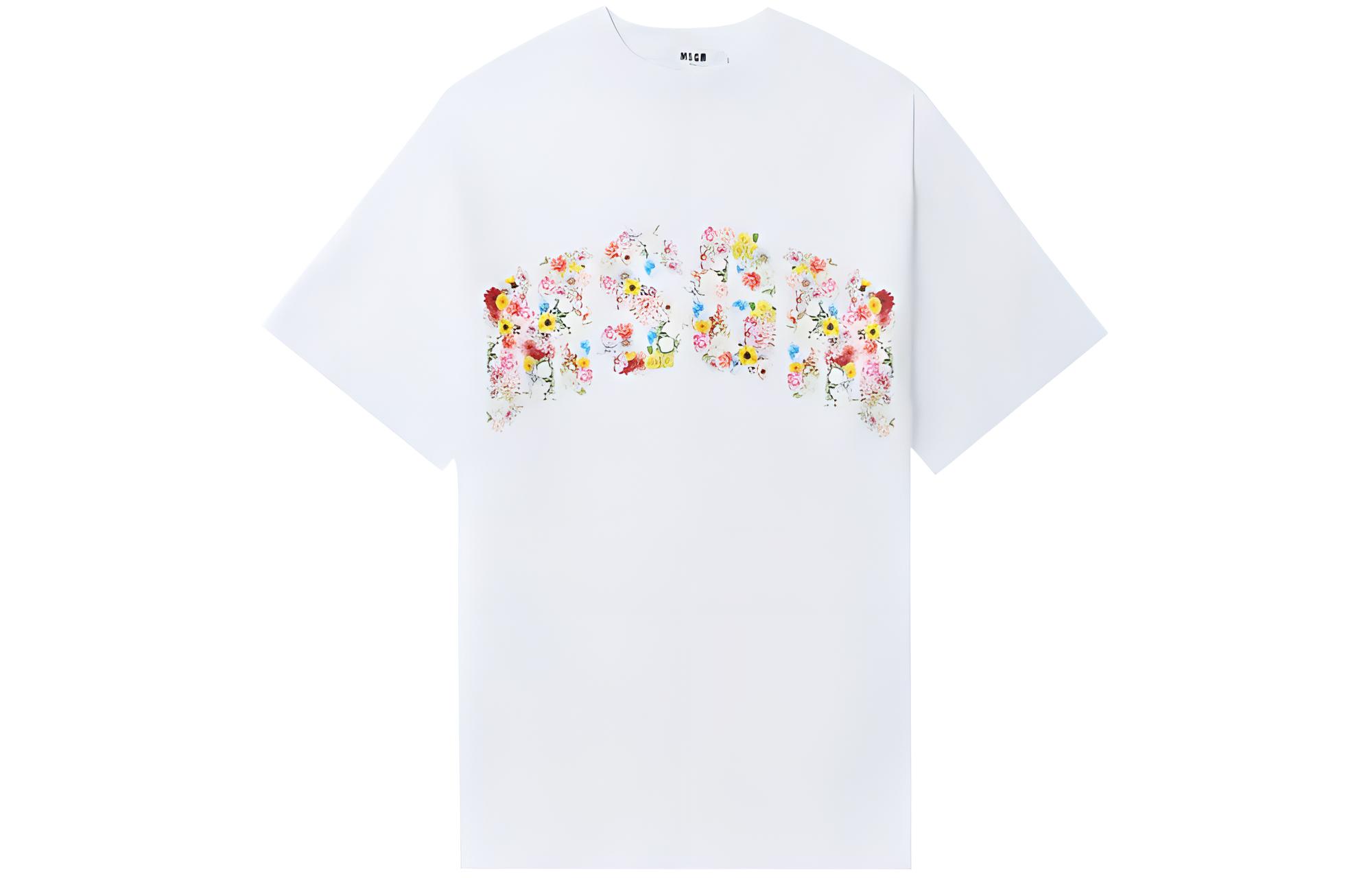 (Women) MSGM  Floral Print Ribbed Hem Oversized White T-Shirt 3642MDM91247002