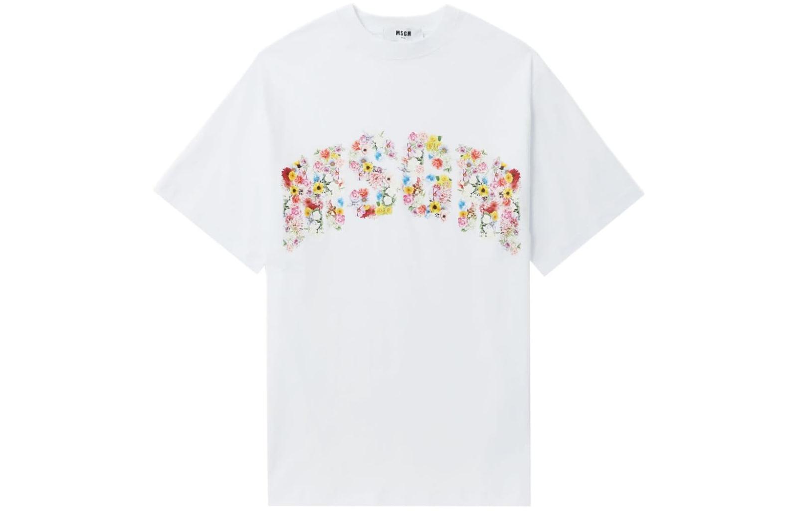 Order (W) MSGM Baju-T Putih Oversized Cetakan Bunga Hem Bergaris 3642MDM91247002