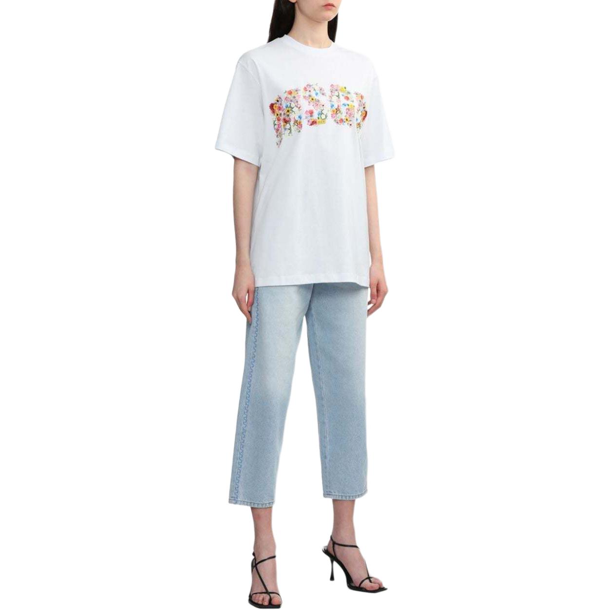 Shop (W) MSGM Baju-T Putih Oversized Cetakan Bunga Hem Bergaris 3642MDM91247002