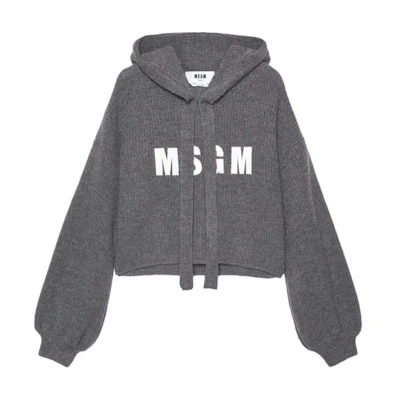 (Women) MSGM Gray Knit Hoodie with Embroidered Letter Design. 3741MDM218247790-GREY