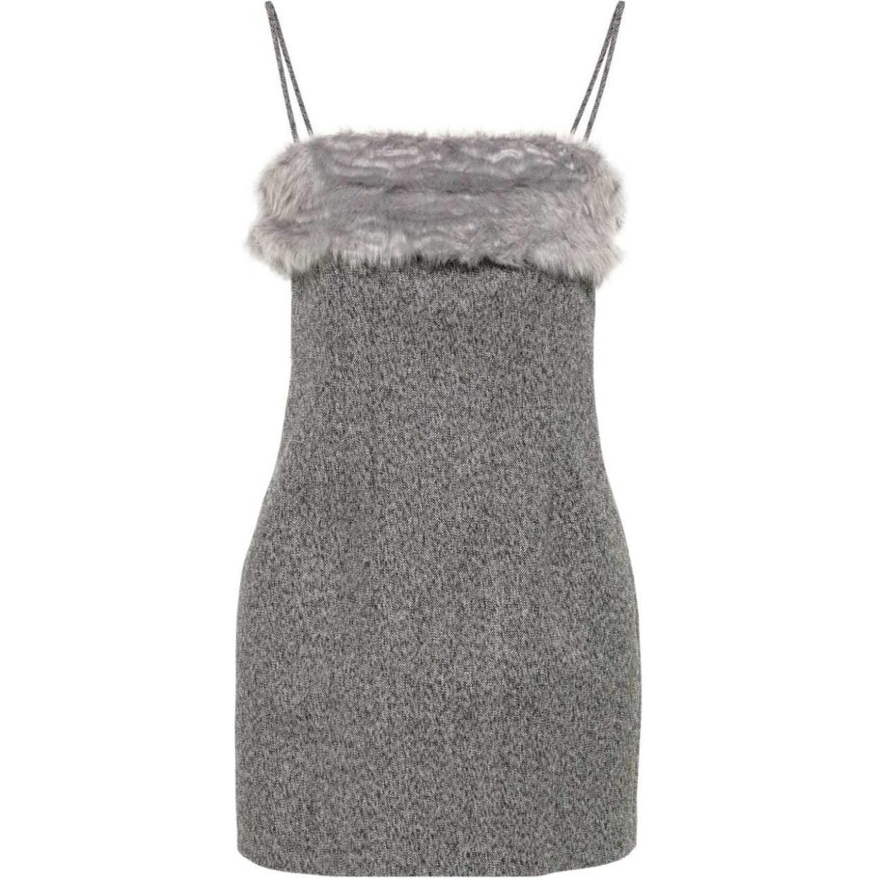 (Women) MSGM  Grey Faux Fur Trim Mixed Effect Slip Dress. 3742MDA13X247806-BLACK