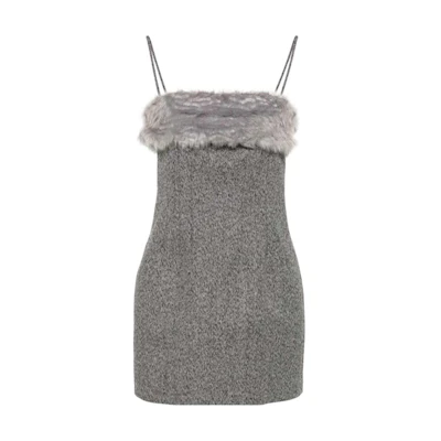 (Women) MSGM Grey Faux Fur Trim Mixed Effect Slip Dress. 3742MDA13X247806-BLACK