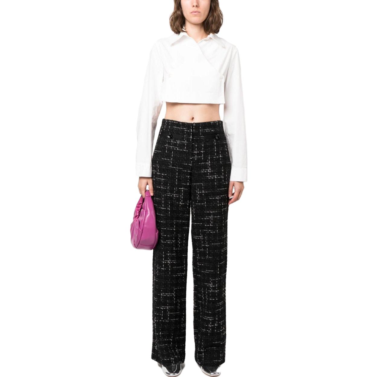 Lookbook (W) MSGM Seluar Panjang Kaki Lebar Tweed Kotak Tinggi Pinggang Hitam 3542MDP09237813-BLACK