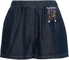 (Women) MSGM Indigo Beaded Fringe Denim Shorts with Elastic Waist and Pockets. 3642MDB230L247482-BLUE (Women) MSGM Indigo Beaded Fringe Denim Shorts with Elastic Waist and Pockets. 3642MDB230L247482-BLUE