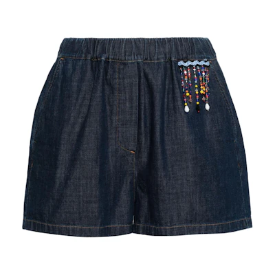 (Women) MSGM Indigo Beaded Fringe Denim Shorts with Elastic Waist and Pockets. 3642MDB230L247482-BLUE