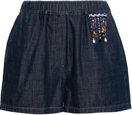 (W) MSGM Shorts de Mezclilla Índigo con Flecos y Cuentas, Cintura Elástica y Bolsillos. 3642MDB230L247482-BLUE Order (W) MSGM Shorts de Mezclilla Índigo con Flecos y Cuentas, Cintura Elástica y Bolsillos. 3642MDB230L247482-BLUE