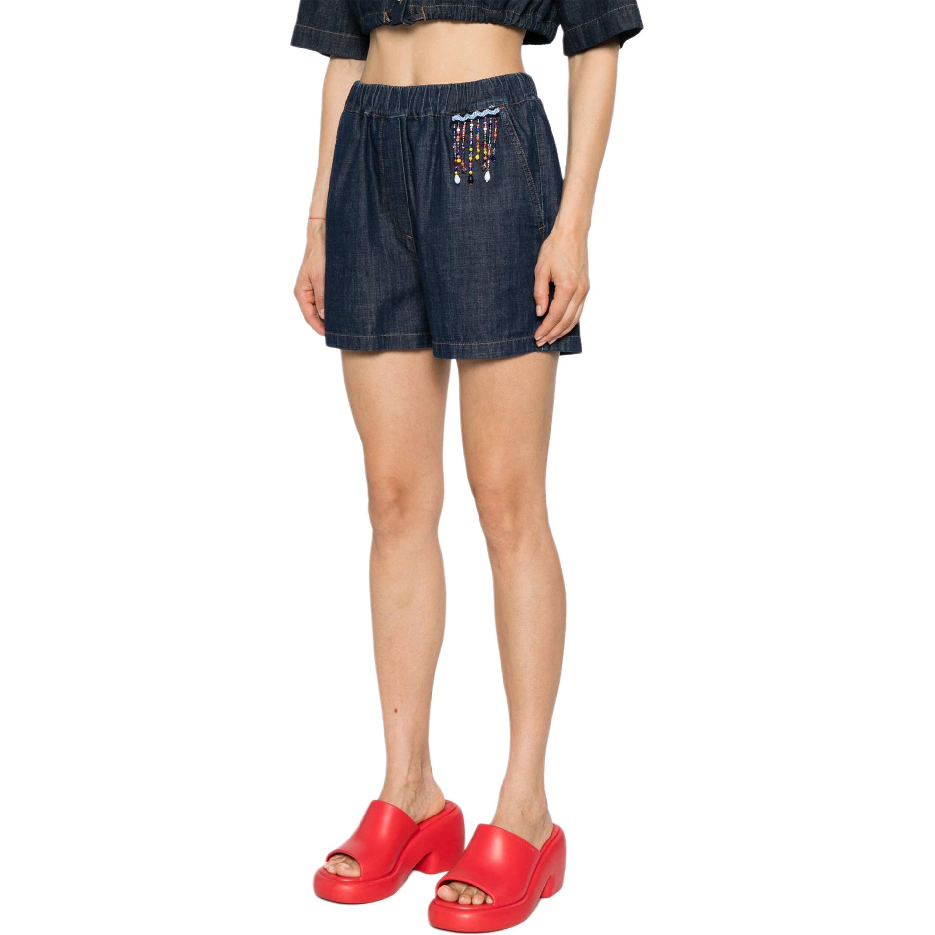 Purchase (W) MSGM Shorts de Mezclilla Índigo con Flecos y Cuentas, Cintura Elástica y Bolsillos. 3642MDB230L247482-BLUE