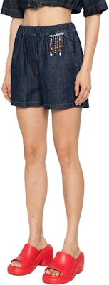 (W) MSGM Shorts de Mezclilla Índigo con Flecos y Cuentas, Cintura Elástica y Bolsillos. 3642MDB230L247482-BLUE Purchase (W) MSGM Shorts de Mezclilla Índigo con Flecos y Cuentas, Cintura Elástica y Bolsillos. 3642MDB230L247482-BLUE