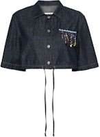 (Women) MSGM Indigo Cropped Short Sleeve Shirt with Back Logo Embroidery. 3642MDE230L247482-BLUE (Women) MSGM Indigo Cropped Short Sleeve Shirt with Back Logo Embroidery. 3642MDE230L247482-BLUE