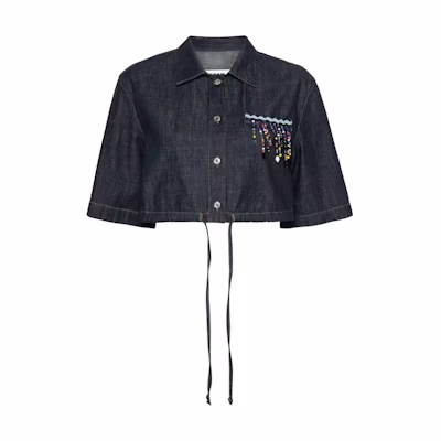 (Women) MSGM Indigo Cropped Short Sleeve Shirt with Back Logo Embroidery. 3642MDE230L247482-BLUE