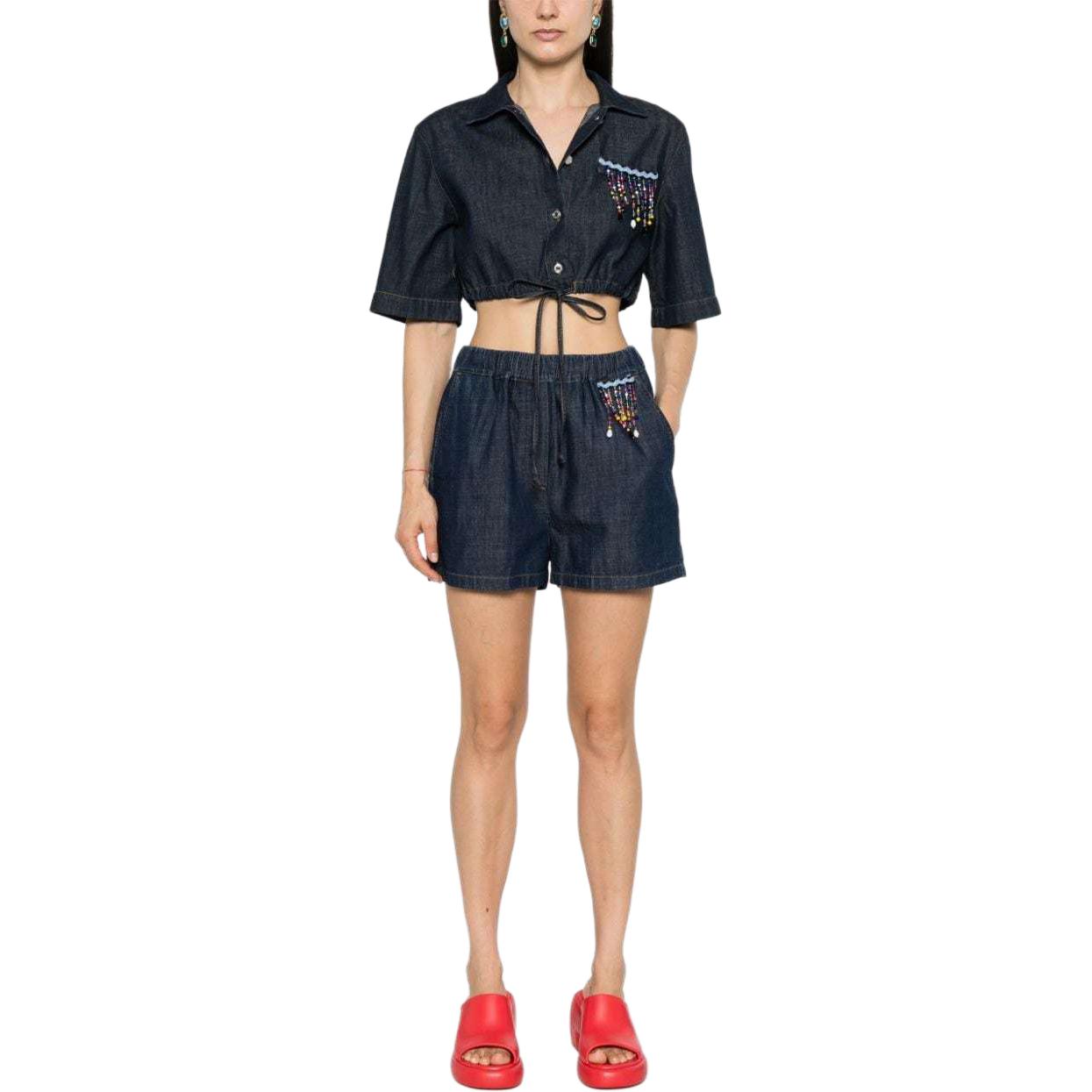 Lookbook (W) Camisa Corta MSGM Índigo con Logo Bordado en la Espalda. 3642MDE230L247482-BLUE