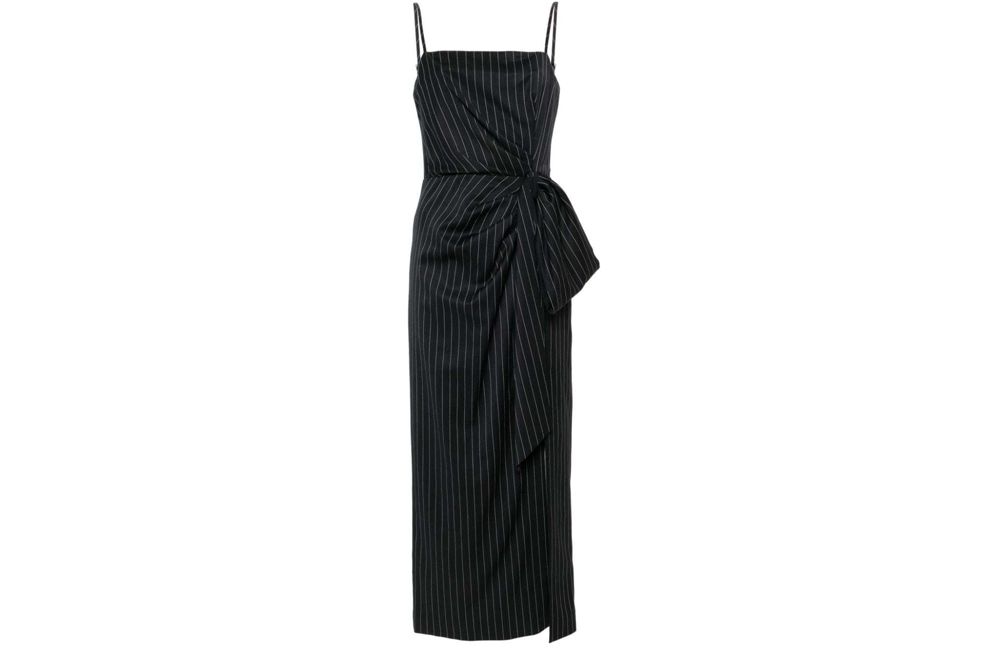 (Women) MSGM  Midnight Blue Striped Ruched Tie Detail Slip Dress. 3641MDA31247117-BLACK