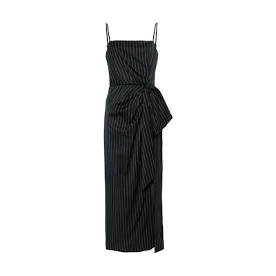 (Women) MSGM Midnight Blue Striped Ruched Tie Detail Slip Dress. 3641MDA31247117-BLACK