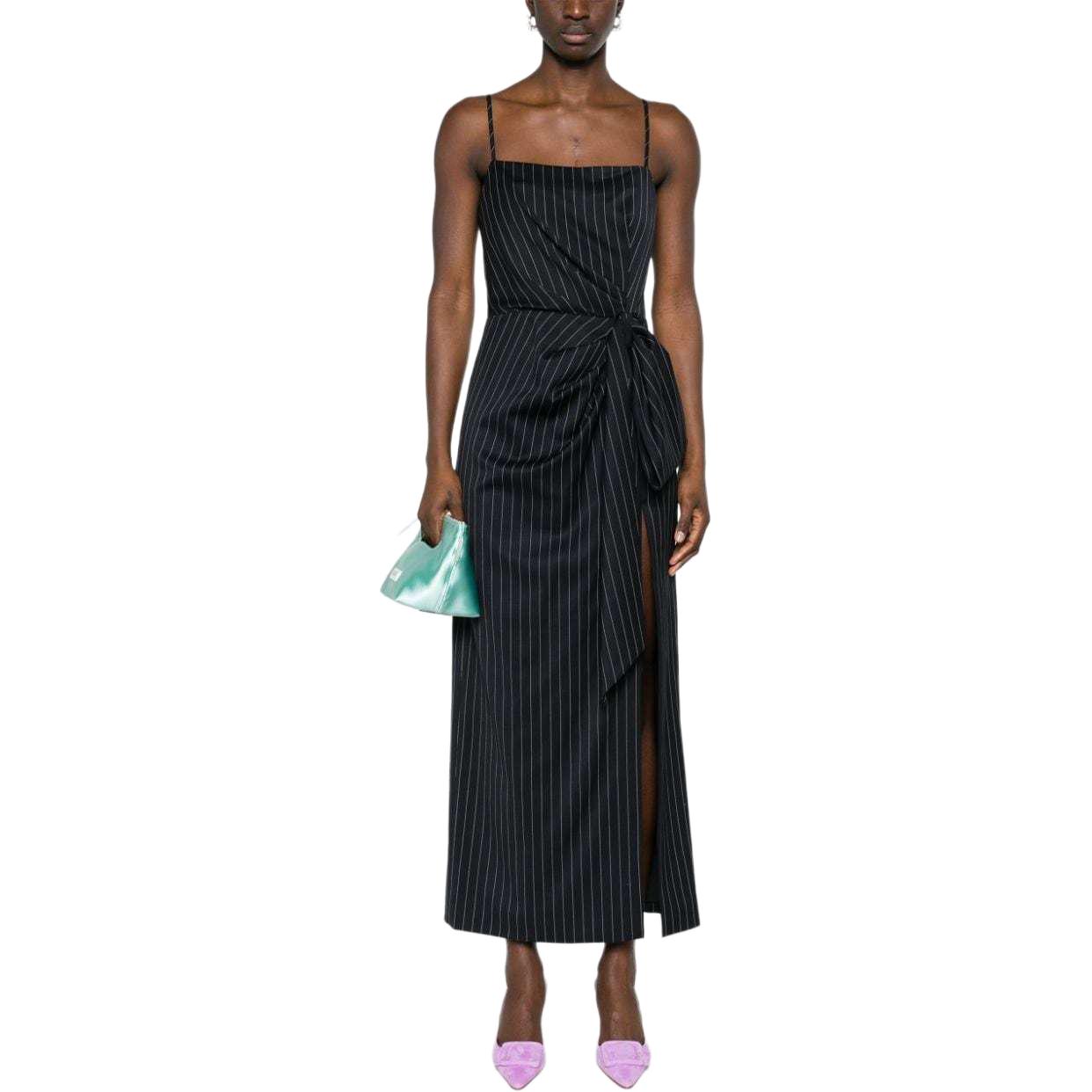 Lookbook (W) MSGM 미드나잇 블루 스트라이프 셔링 타이 디테일 슬립 드레스. 3641MDA31247117-BLACK