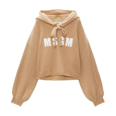 (Women) MSGM Oversized Knit Hoodie with Logo Embroidery in Light Brown. 3741MDM218247790-BROWN