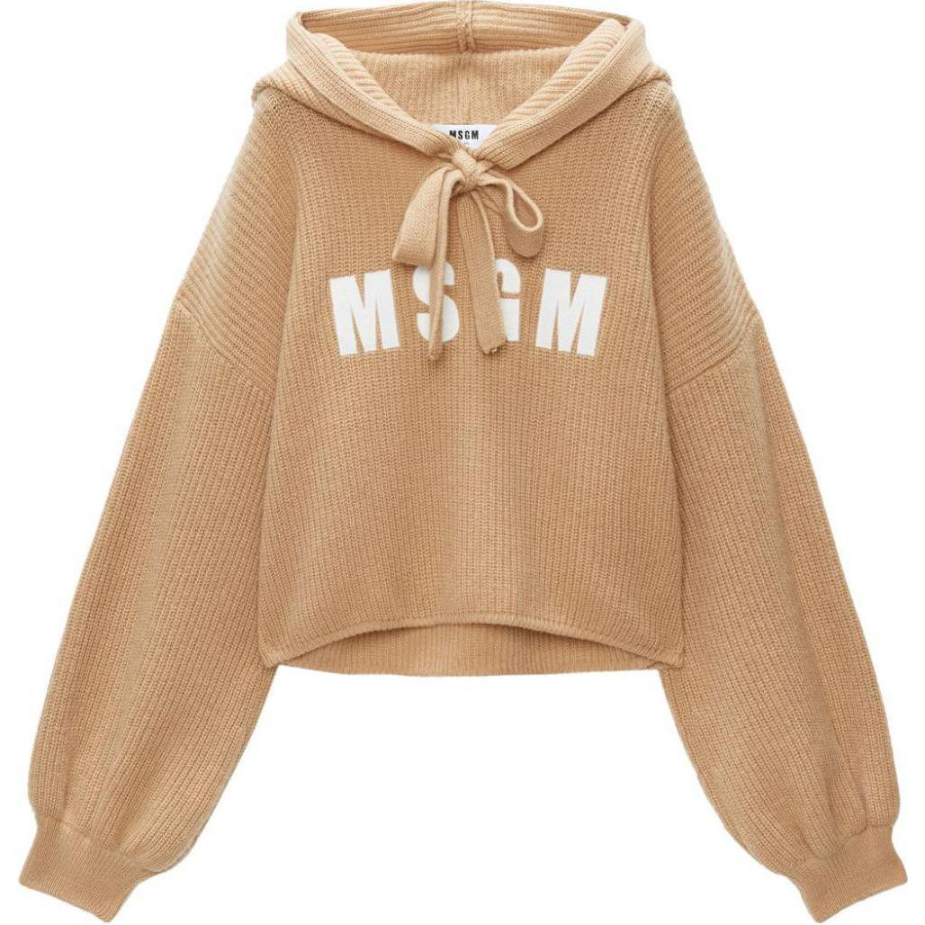 Order (W) MSGM 로고 자수 오버사이즈 니트 후드티 라이트 브라운. 3741MDM218247790-BROWN