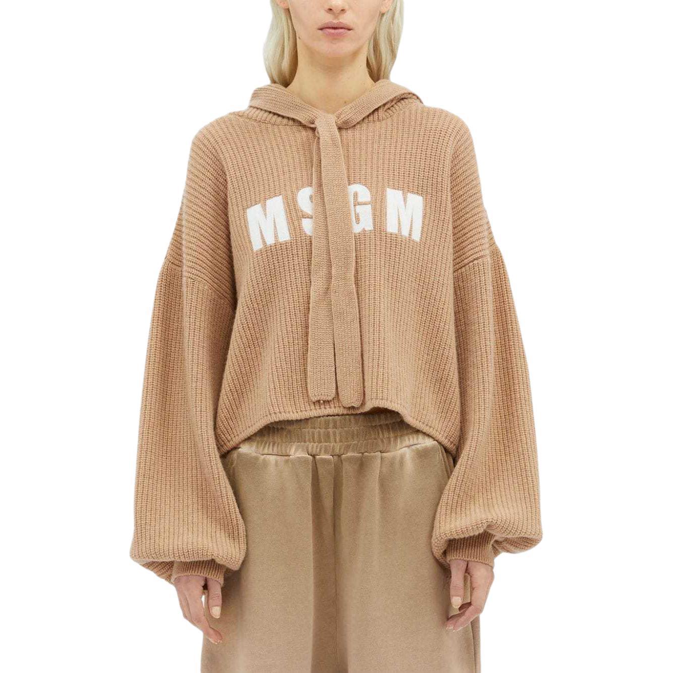 Lookbook (W) MSGM 로고 자수 오버사이즈 니트 후드티 라이트 브라운. 3741MDM218247790-BROWN