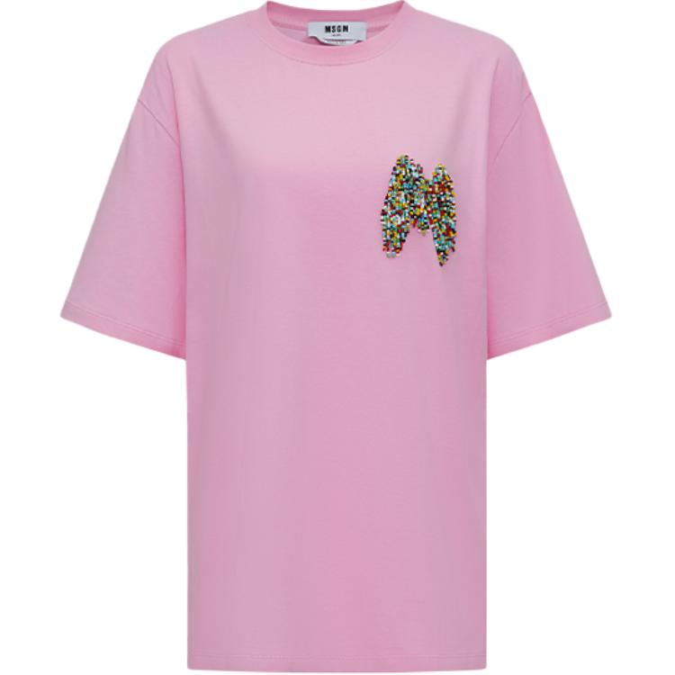 Order (W) MSGM Merah Jambu T-Shirt Lengan Pendek Logo Manik & Sulam SS24. 3642MDM103-247002-Pink