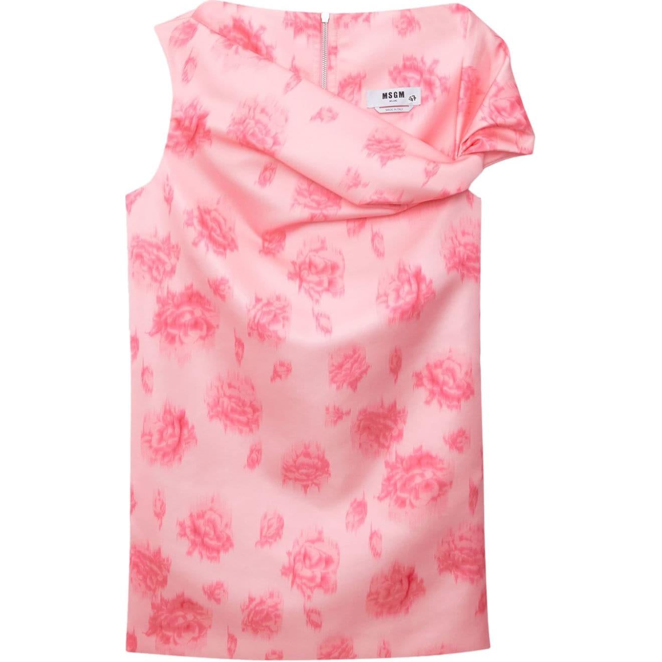 (Women) MSGM  Pink Floral Print Sleeveless Dress with Pleated Detail. 3742MDA30A247851-PINK