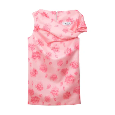 (Women) MSGM Pink Floral Print Sleeveless Dress with Pleated Detail. 3742MDA30A247851-PINK