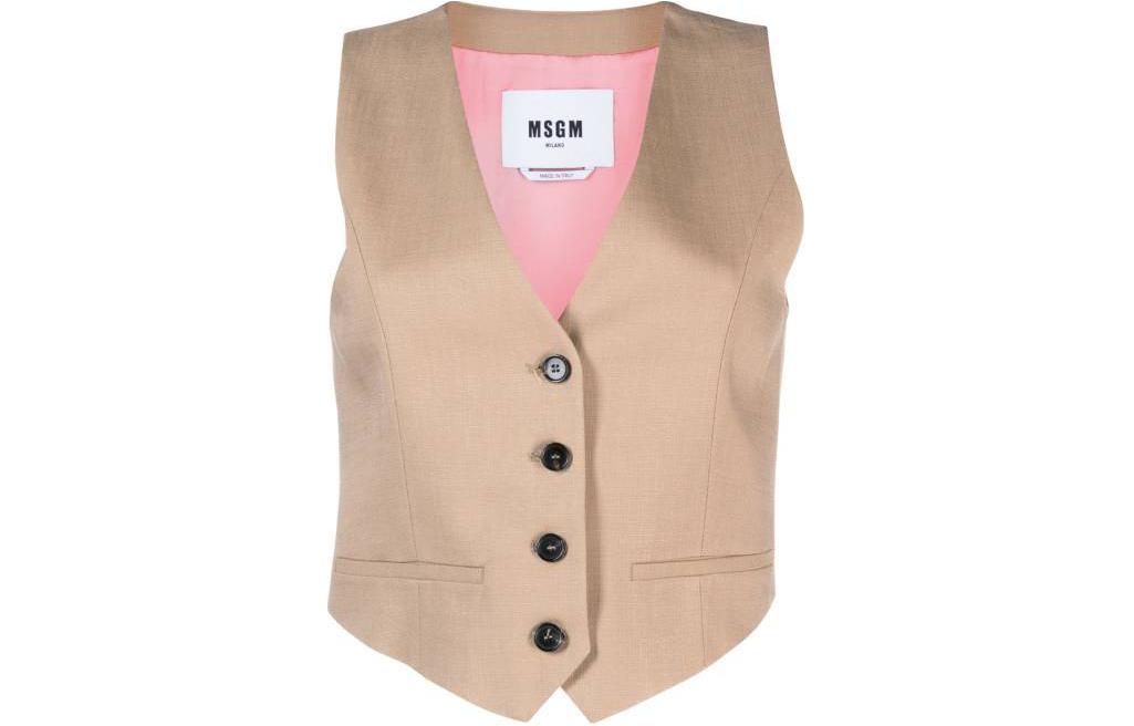 (Women) MSGM  Pink Solid V-Neck Button-Front Vest. 3641MDW02Y24701023