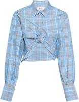 (Women) MSGM Plaid Long Sleeve Shirt with Tie Detail Light Blue 3642MDE04247310-BLUE (Women) MSGM Plaid Long Sleeve Shirt with Tie Detail Light Blue 3642MDE04247310-BLUE