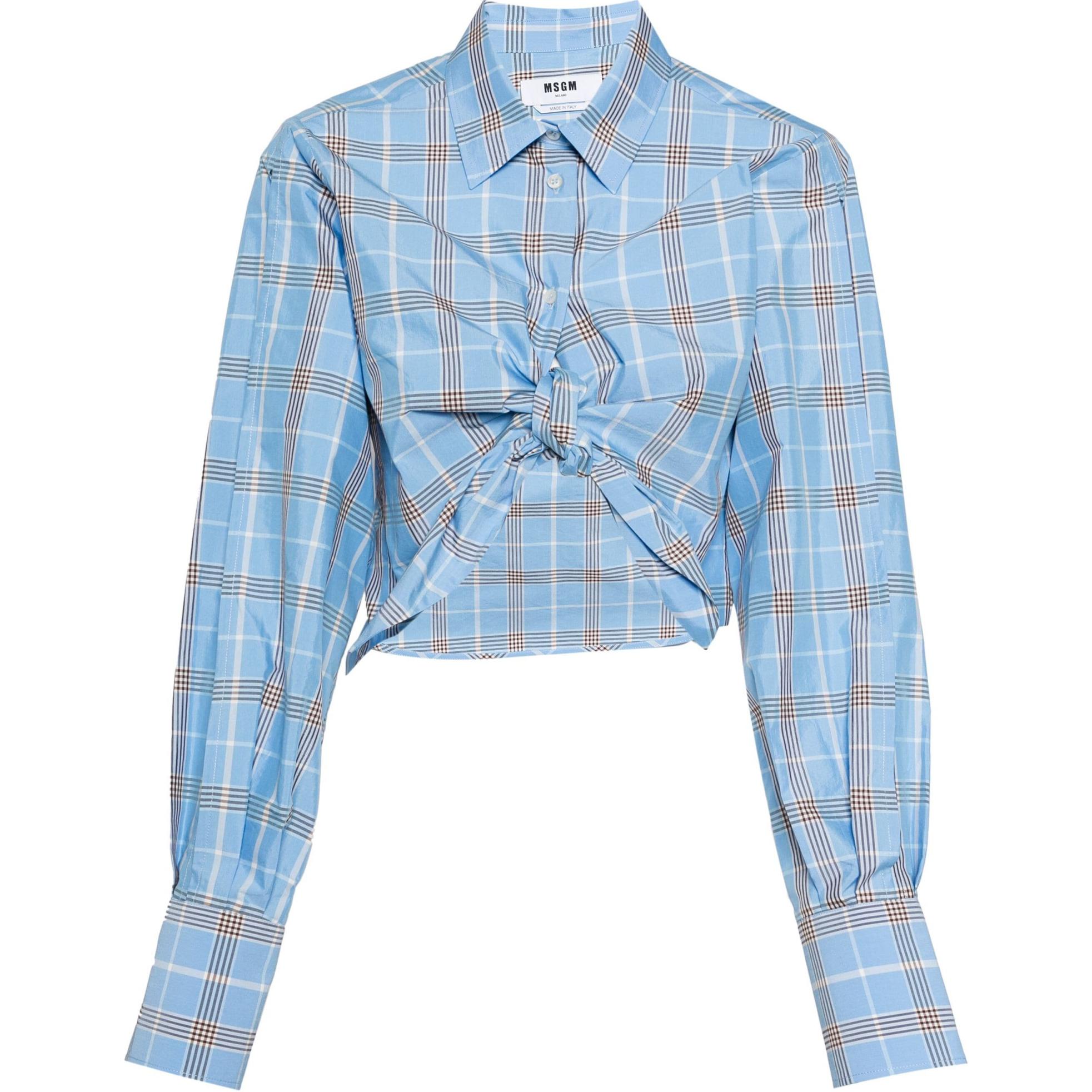 Order (W) Kemeja Lengan Panjang MSGM Kotak dengan Detail Tali Biru Muda 3642MDE04247310-BLUE