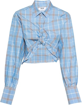 (W) Kemeja Lengan Panjang MSGM Kotak dengan Detail Tali Biru Muda 3642MDE04247310-BLUE Order (W) Kemeja Lengan Panjang MSGM Kotak dengan Detail Tali Biru Muda 3642MDE04247310-BLUE