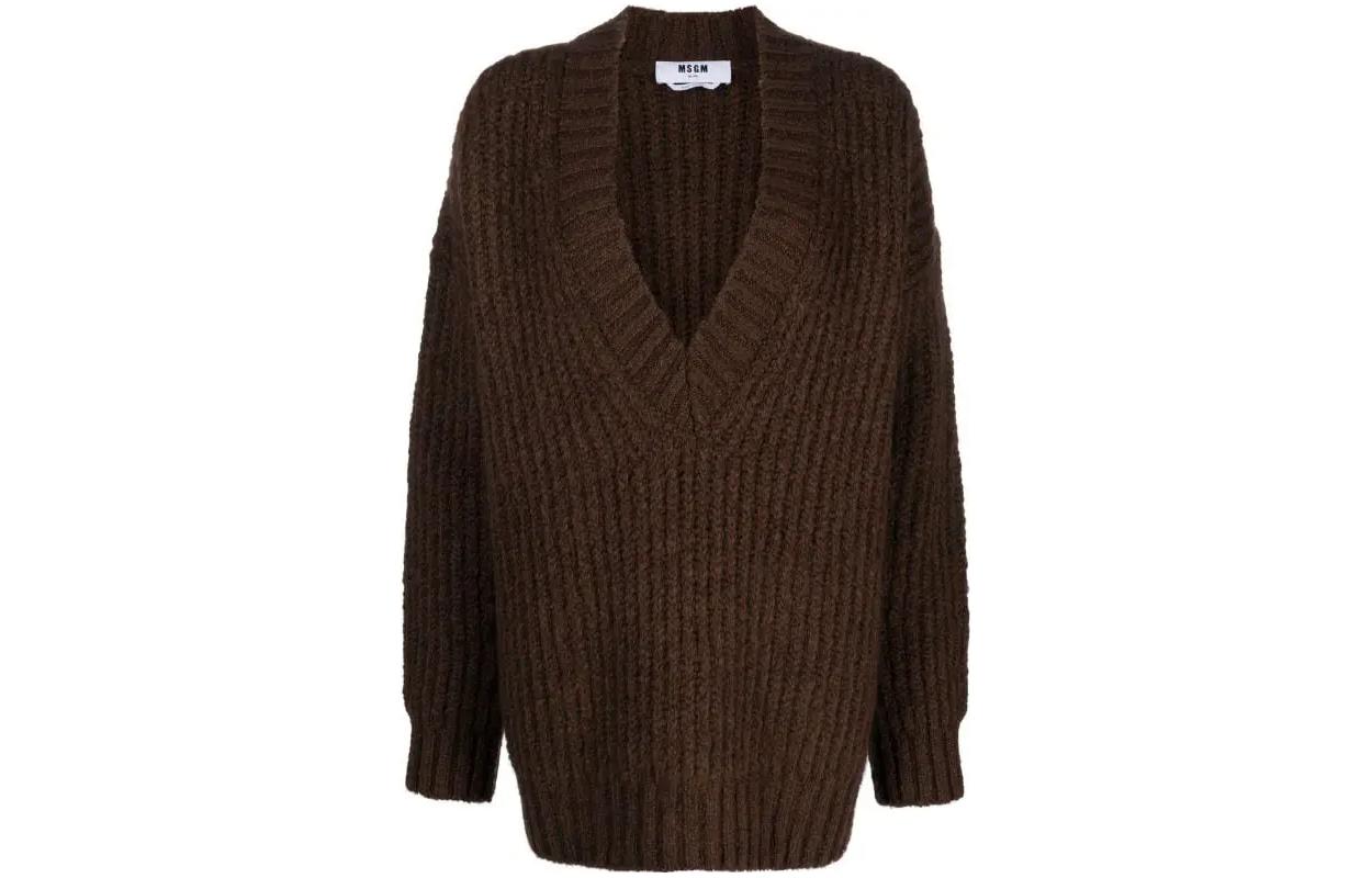 Order (W) MSGM 브이넥 풀오버 스웨터 브라운 긴소매 솔리드 컬러. 3542MDM209237992-BROWN