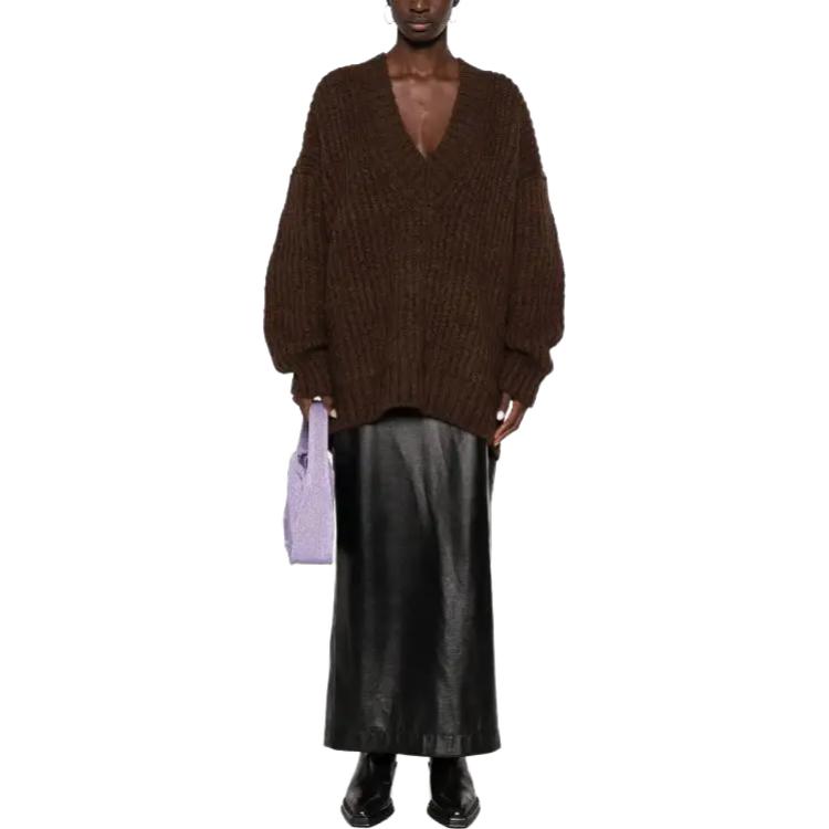 Lookbook (W) MSGM 브이넥 풀오버 스웨터 브라운 긴소매 솔리드 컬러. 3542MDM209237992-BROWN