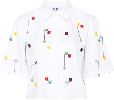 (W) MSGM Baju Kapas Putih Bertekstur Lengan Pendek dengan Rantai Manik. 3642MDE182247475-WHITE Order (W) MSGM Baju Kapas Putih Bertekstur Lengan Pendek dengan Rantai Manik. 3642MDE182247475-WHITE