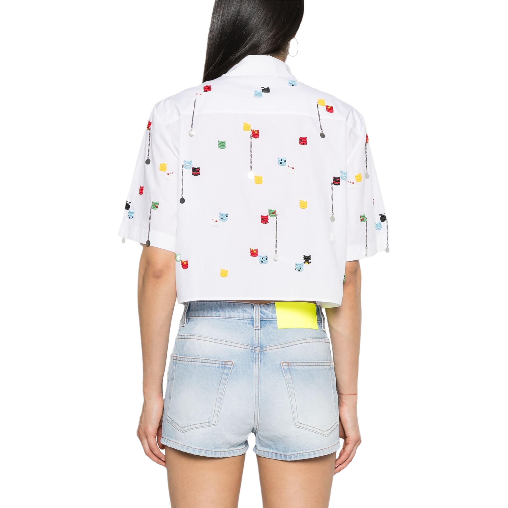 Shop (W) MSGM Baju Kapas Putih Bertekstur Lengan Pendek dengan Rantai Manik. 3642MDE182247475-WHITE