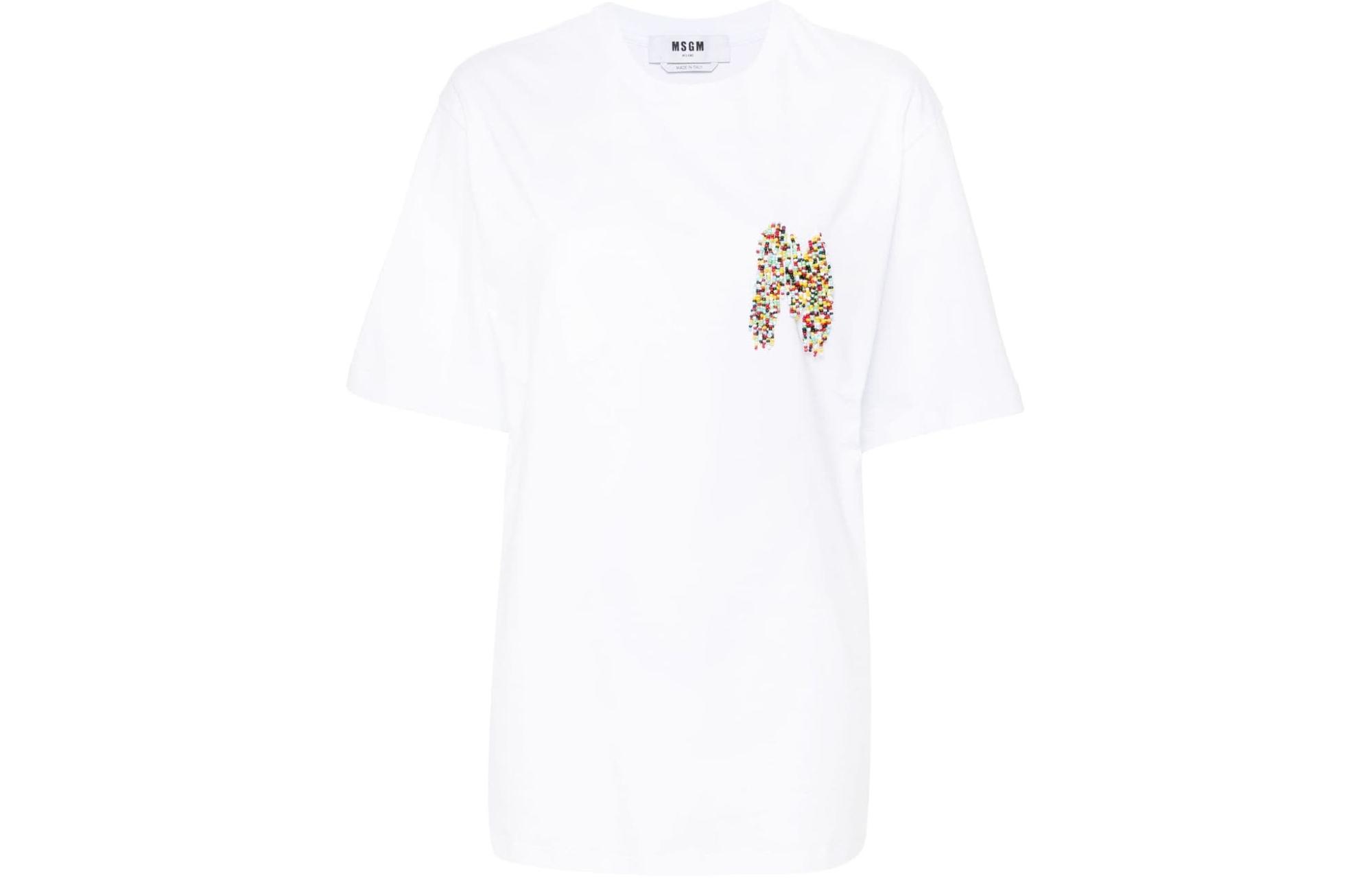 (Women) MSGM  White Beaded Logo Short-Sleeve Knit Textured Crewneck T-Shirt 3642MDM103247002-WHITE