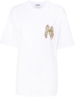 (Women) MSGM White Beaded Logo Short-Sleeve Knit Textured Crewneck T-Shirt 3642MDM103247002-WHITE (Women) MSGM White Beaded Logo Short-Sleeve Knit Textured Crewneck T-Shirt 3642MDM103247002-WHITE