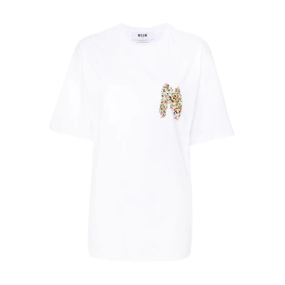 (Women) MSGM White Beaded Logo Short-Sleeve Knit Textured Crewneck T-Shirt 3642MDM103247002-WHITE