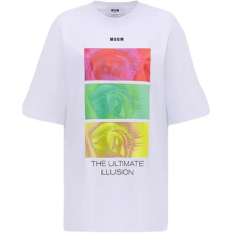 (Women) MSGM  White Crewneck Printed Cotton T-Shirt Short Sleeve 3542MDM106-237798-01
