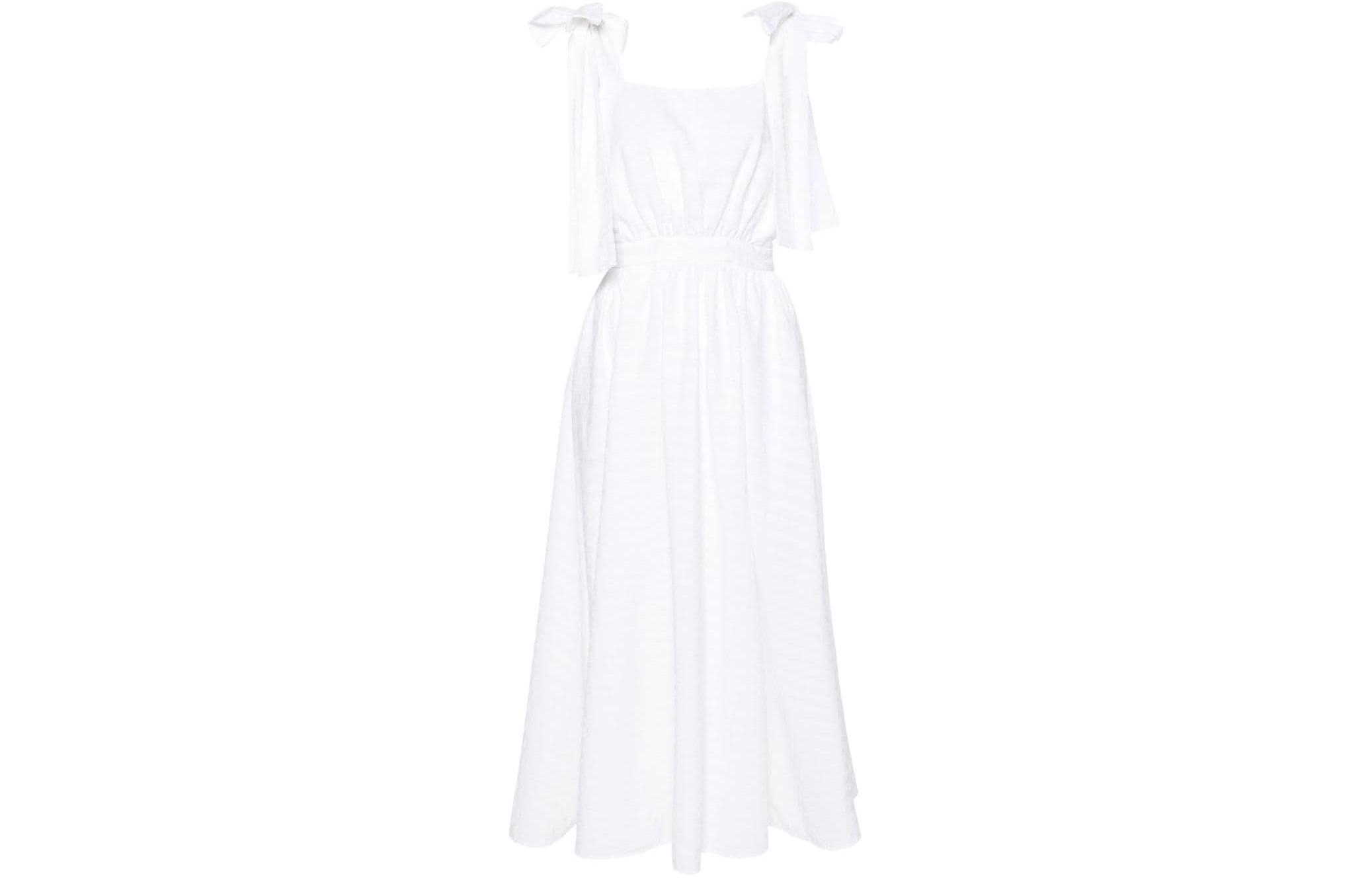 Order (W) MSGM 화이트 프릴 플레어 헴 스퀘어 넥 스트랩 원피스. 3641MDA52247118-WHITE