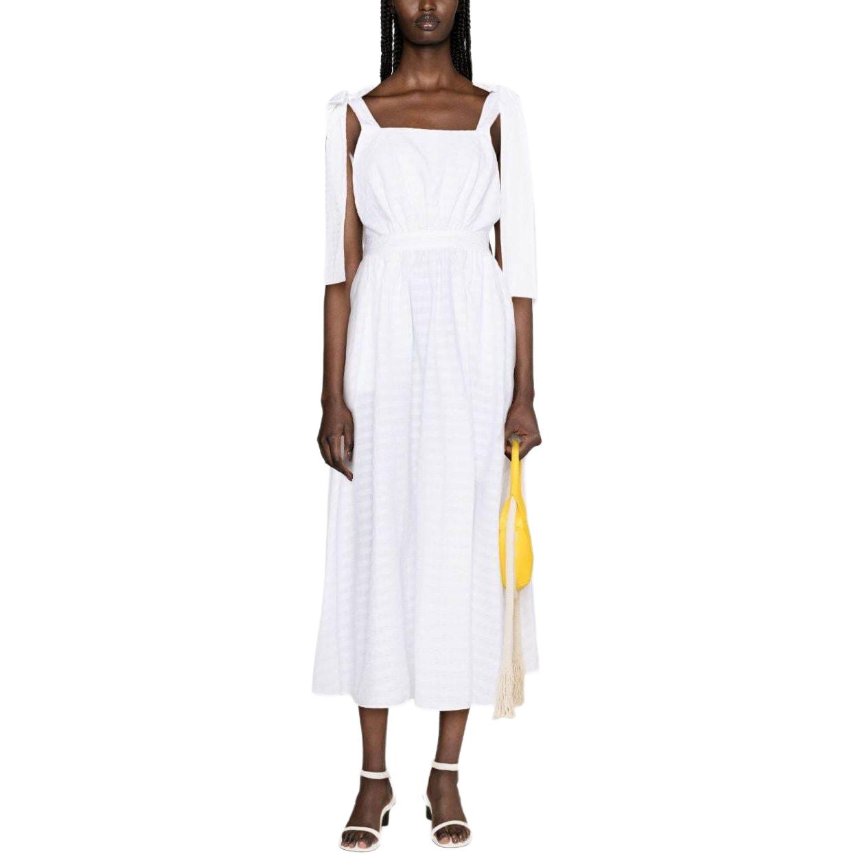 Lookbook (W) MSGM 화이트 프릴 플레어 헴 스퀘어 넥 스트랩 원피스. 3641MDA52247118-WHITE