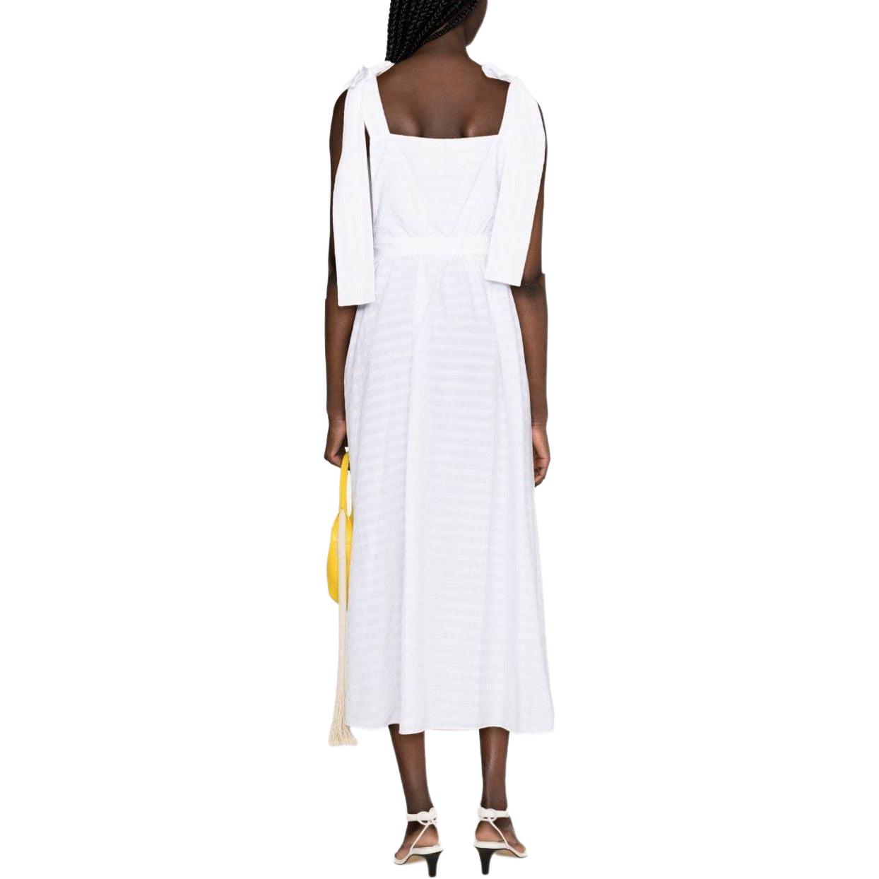 Shop (W) MSGM 화이트 프릴 플레어 헴 스퀘어 넥 스트랩 원피스. 3641MDA52247118-WHITE