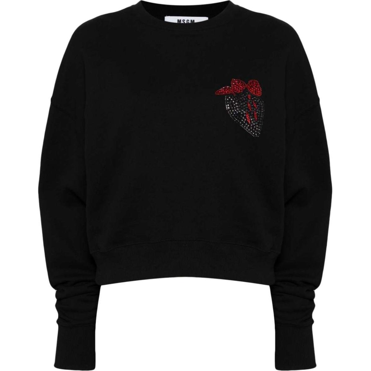 (Women) MSGM Appliqué Detail Textured Knit Long Sleeve Sweatshirt Women Obsidian Black 3741MDM142247799-BLACK