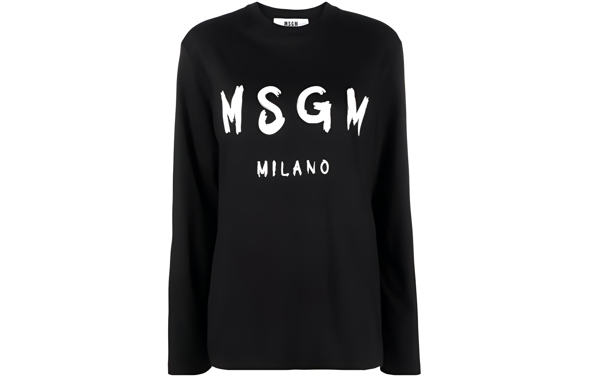 (Women) MSGM Black Crewneck Long Sleeve T-Shirt with Letter Print for Women. 2000MDM511200002-BLACK