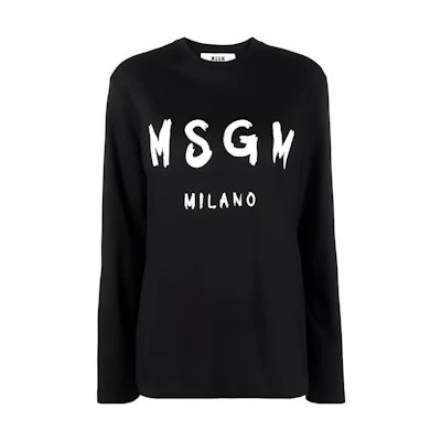 (Women) MSGM Black Crewneck Long Sleeve T-Shirt with Letter Print for Women. 2000MDM511200002-BLACK